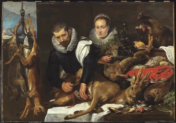 Urtagning av inälvorna ur en råbock med porträtt av ett äkta par, cirka 1625